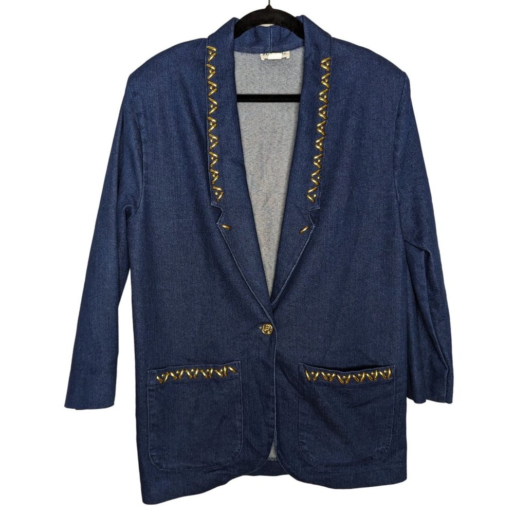 Vintage Embellished Gold Studded Denim Boyfriend Blazer Size Sm